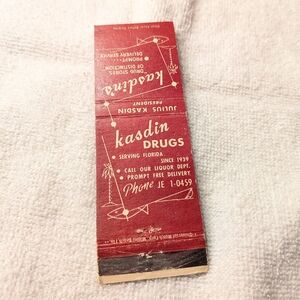 Vintage 1960s Kasdin Drugs Drug Store Florida Advertising Matchbook Cover